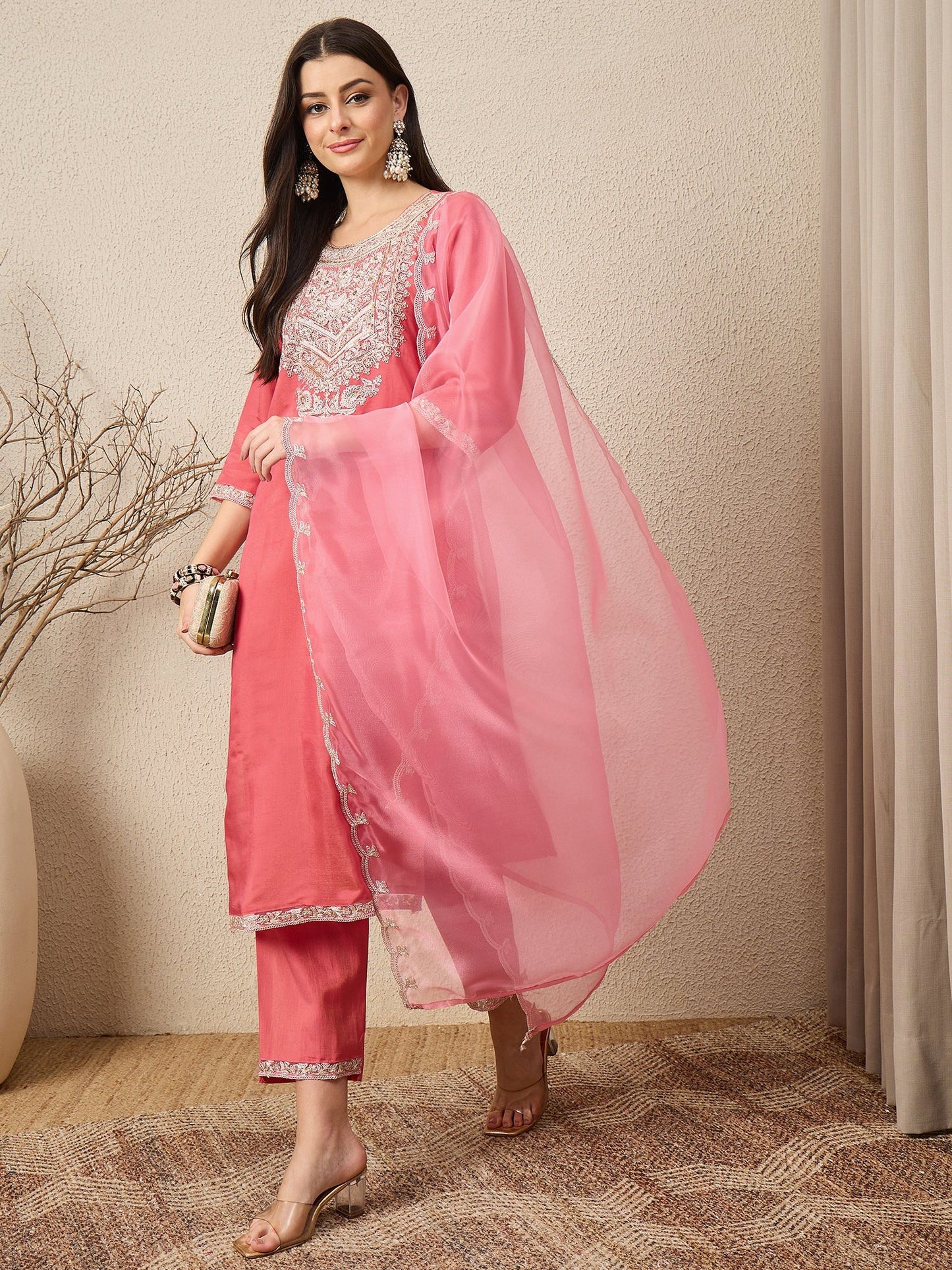 Saanwari Peach Silk Blend Calf Length Embroidered Straight Suit Set - FitVibe Fashion