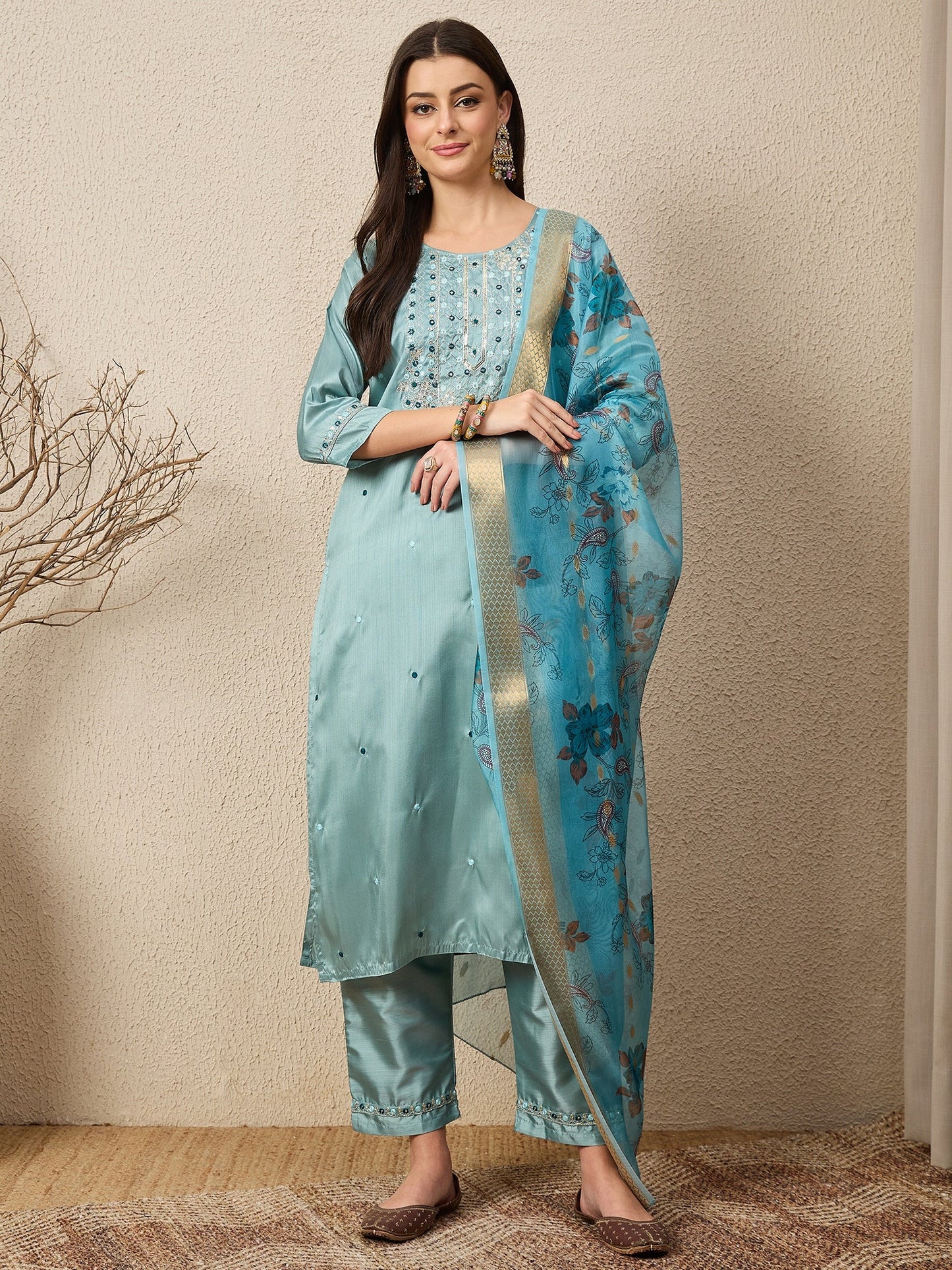 Mehfil Sky Women Silk Blend Kurta and Trousers Pant Set - FitVibe Fashion