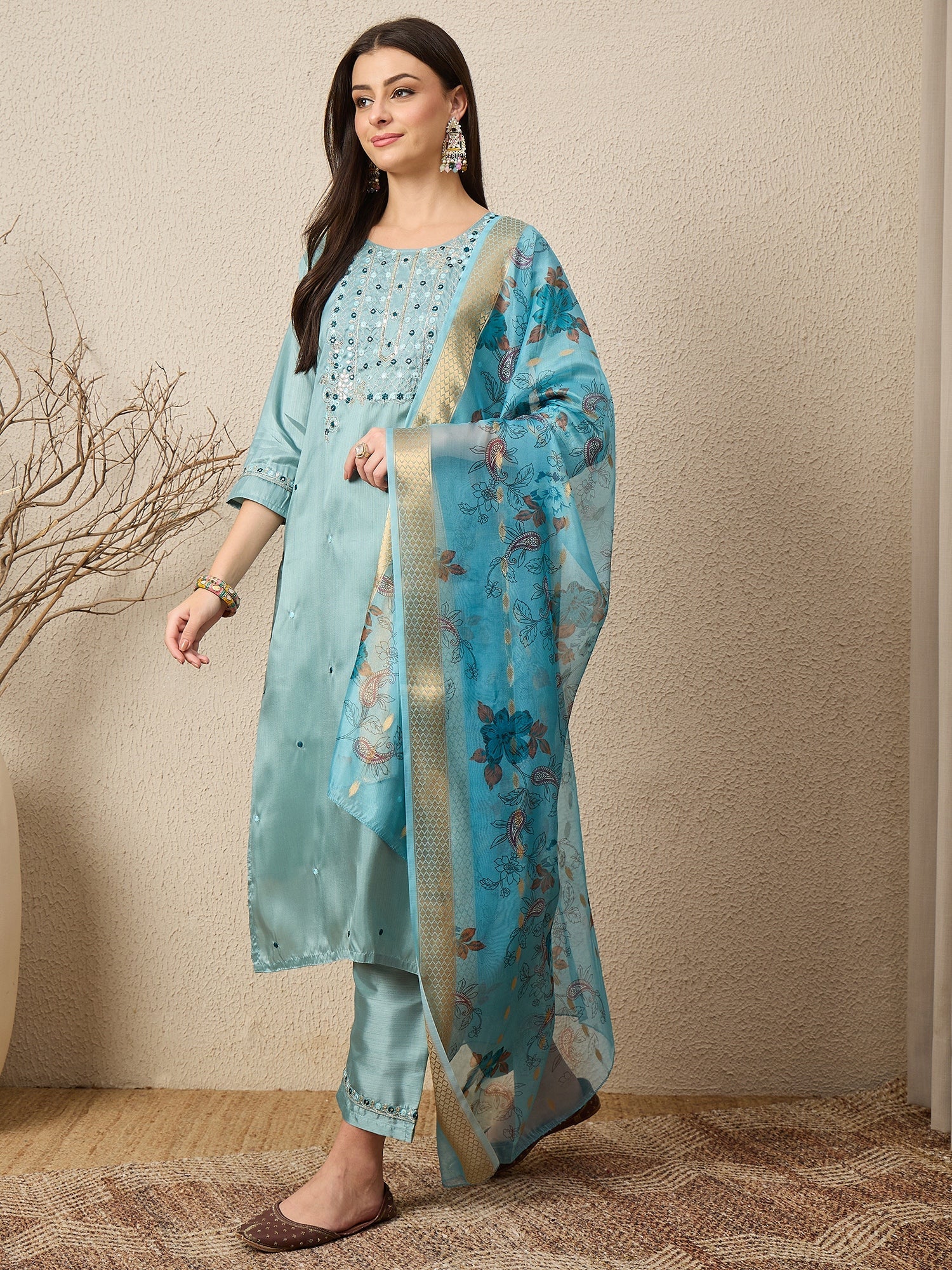 Mehfil Sky Women Silk Blend Kurta and Trousers Pant Set - FitVibe Fashion