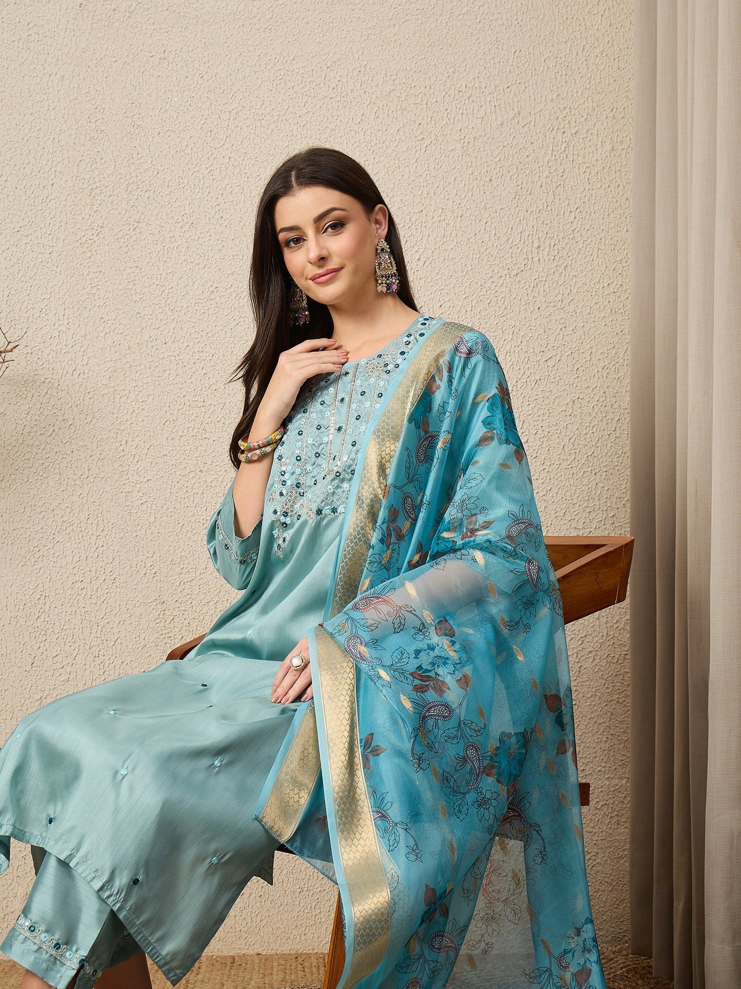 Mehfil Sky Women Silk Blend Kurta and Trousers Pant Set - FitVibe Fashion