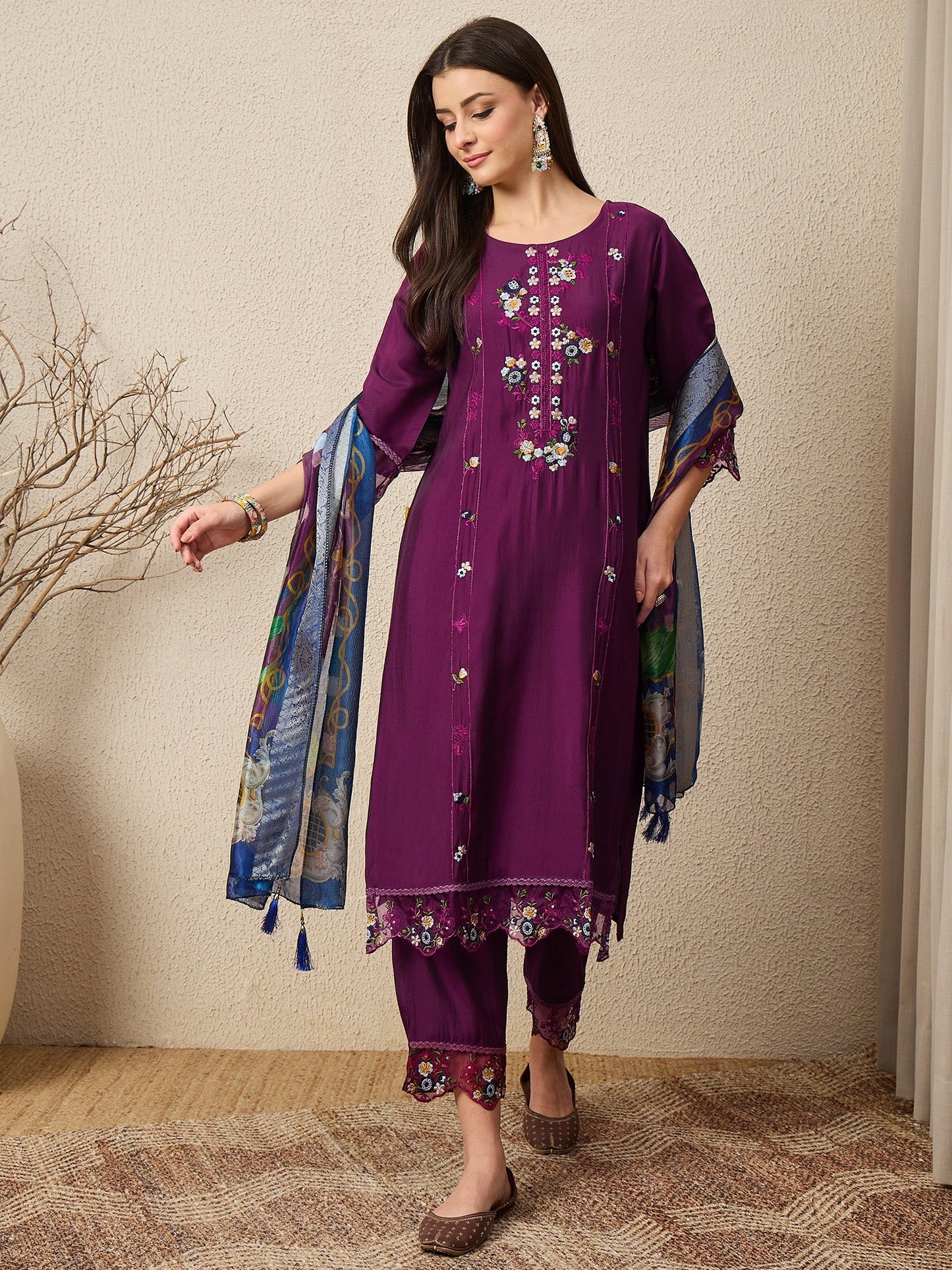 RajRani Purple Women Silk Blend Kurta and Trousers Pant Set - FitVibe Fashion