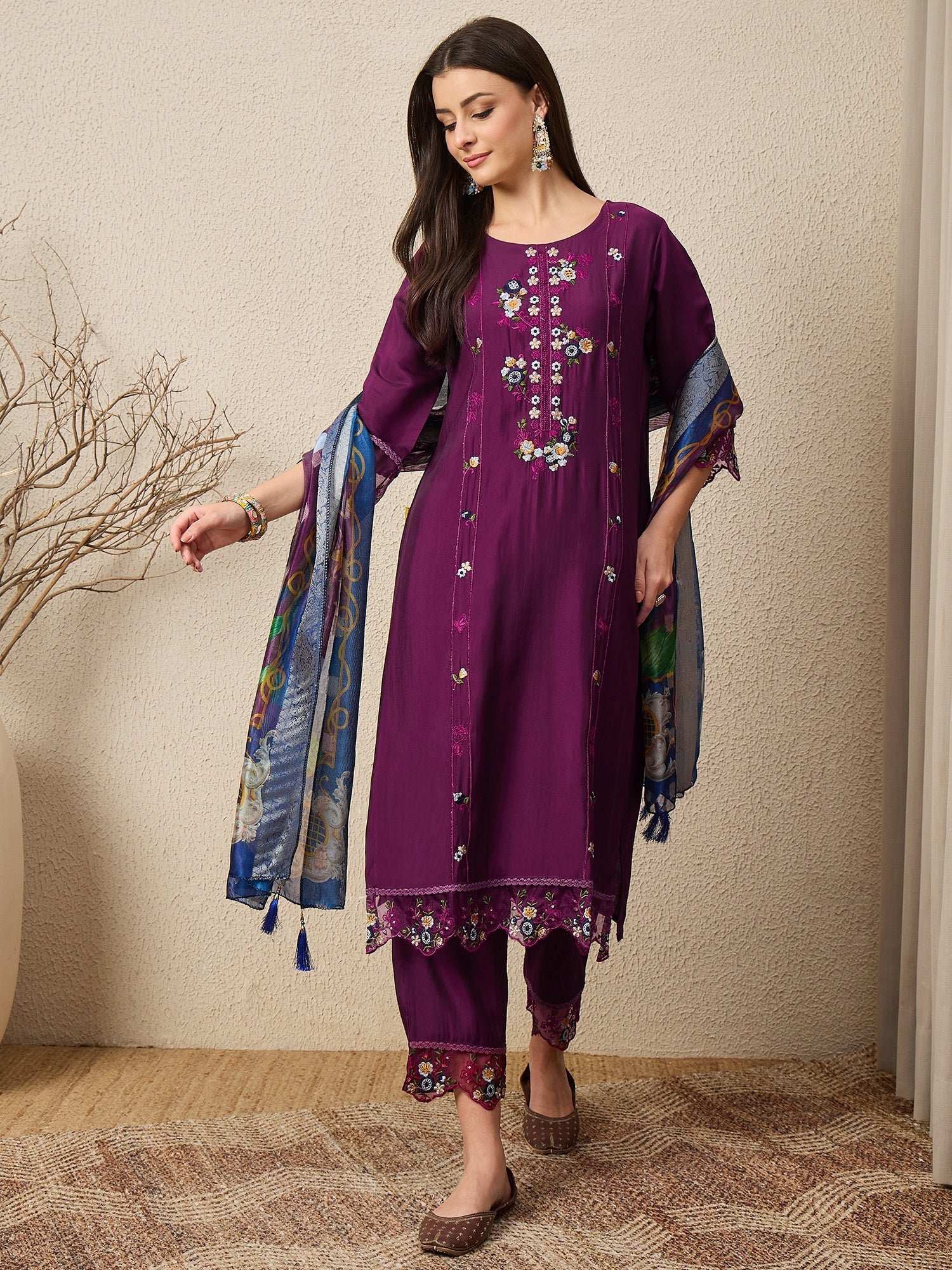 RajRani Purple Women Silk Blend Kurta and Trousers Pant Set - FitVibe Fashion
