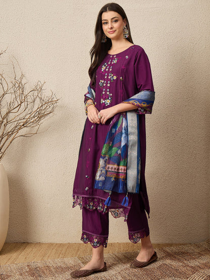 RajRani Purple Women Silk Blend Kurta and Trousers Pant Set - FitVibe Fashion