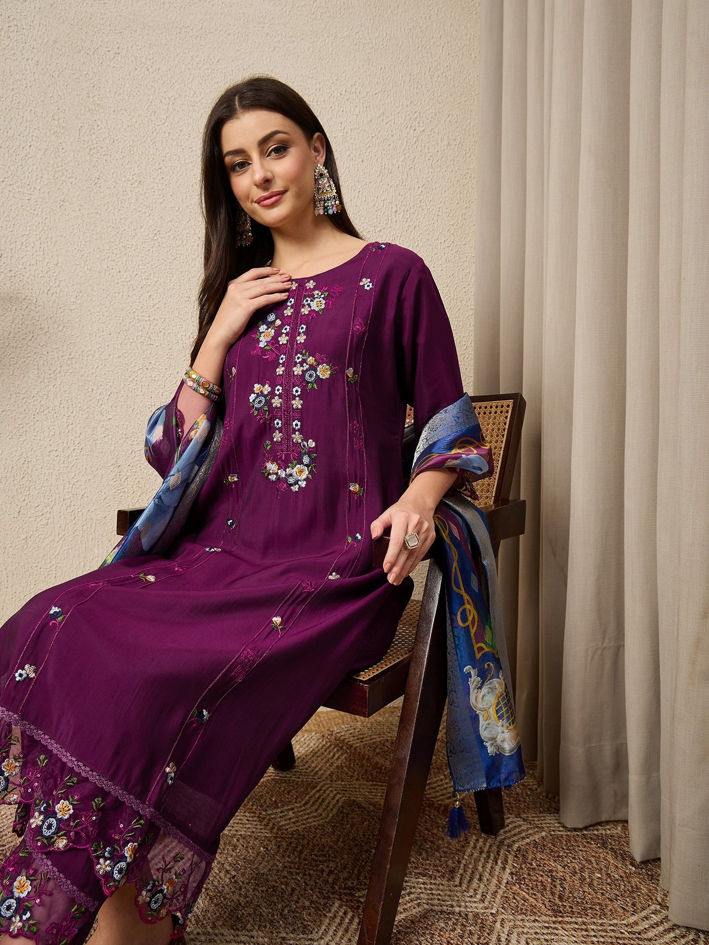 RajRani Purple Women Silk Blend Kurta and Trousers Pant Set - FitVibe Fashion