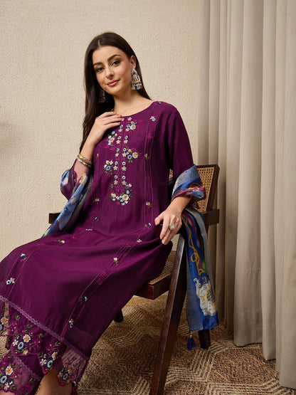 RajRani Purple Women Silk Blend Kurta and Trousers Pant Set - FitVibe Fashion