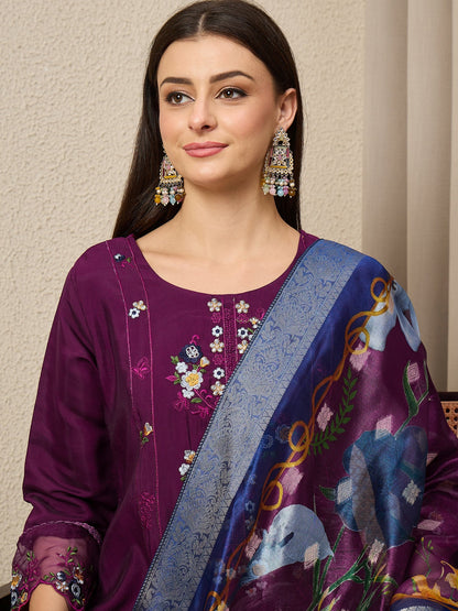 RajRani Purple Women Silk Blend Kurta and Trousers Pant Set - FitVibe Fashion