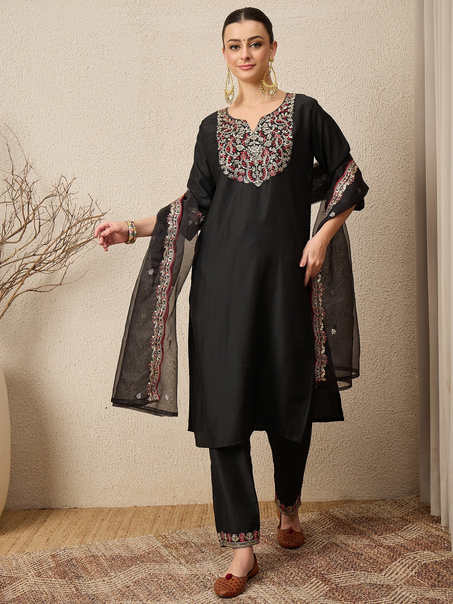 RangRiti Black Yoke Design Silk Blend Straight Suit With Dupatta - FitVibe Fashion