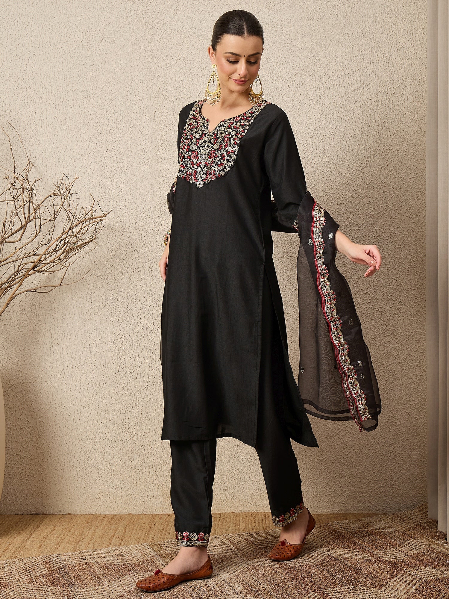RangRiti Black Yoke Design Silk Blend Straight Suit With Dupatta - FitVibe Fashion