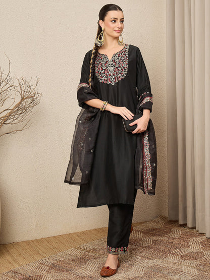 RangRiti Black Yoke Design Silk Blend Straight Suit With Dupatta - FitVibe Fashion