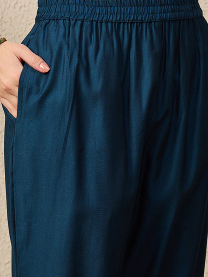 Kamya Teal Ethnic Motifs Embroidered Straight Kurta with Trousers & Dupatta - FitVibe Fashion