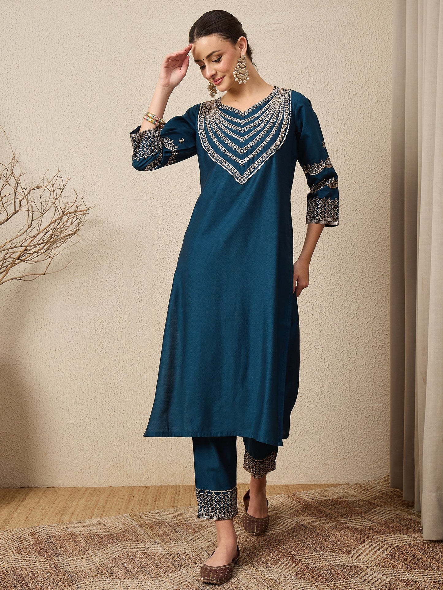 Kamya Teal Ethnic Motifs Embroidered Straight Kurta with Trousers & Dupatta - FitVibe Fashion