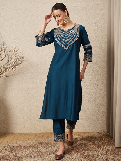 Kamya Teal Ethnic Motifs Embroidered Straight Kurta with Trousers & Dupatta - FitVibe Fashion