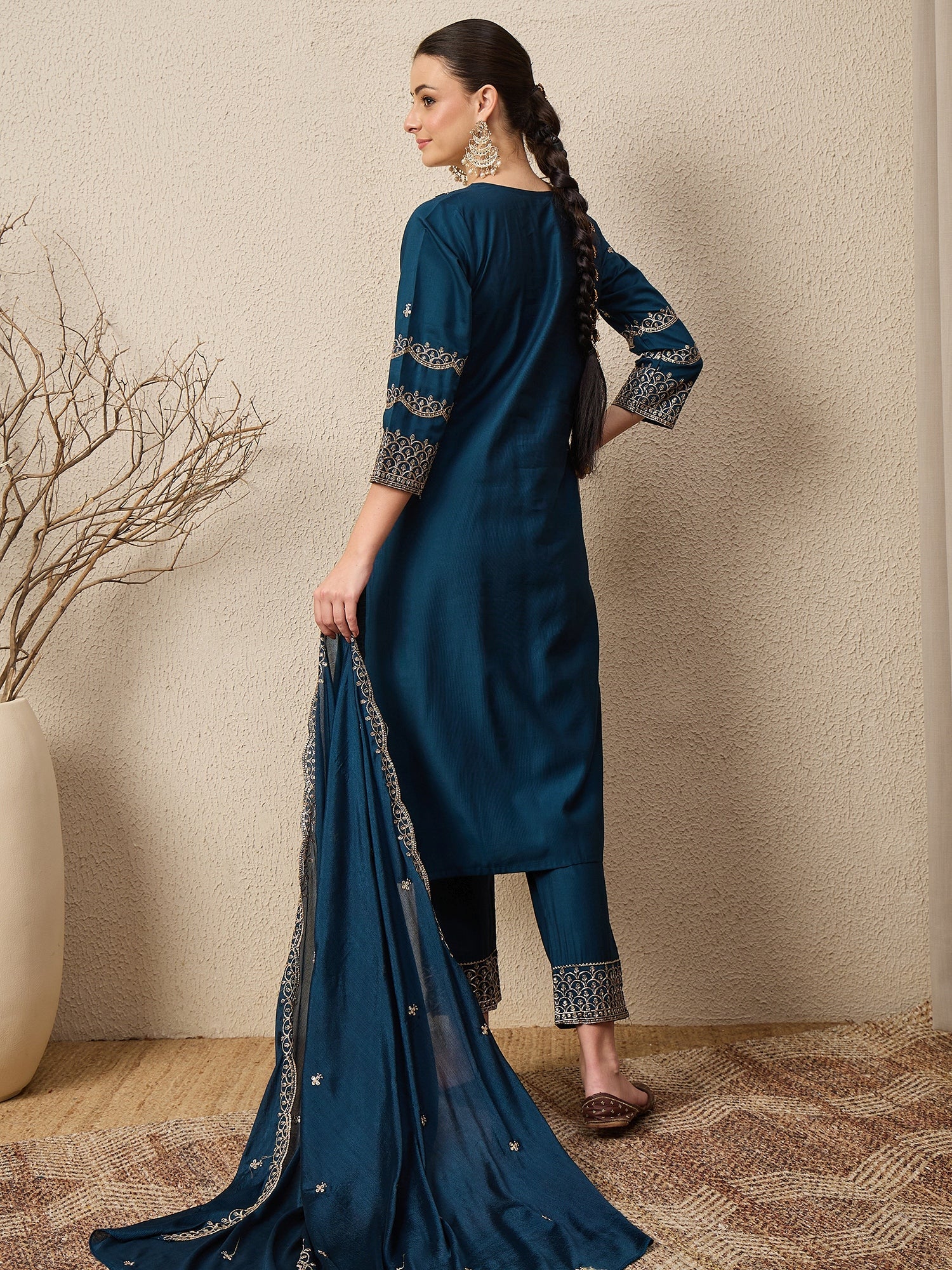 Kamya Teal Ethnic Motifs Embroidered Straight Kurta with Trousers & Dupatta - FitVibe Fashion