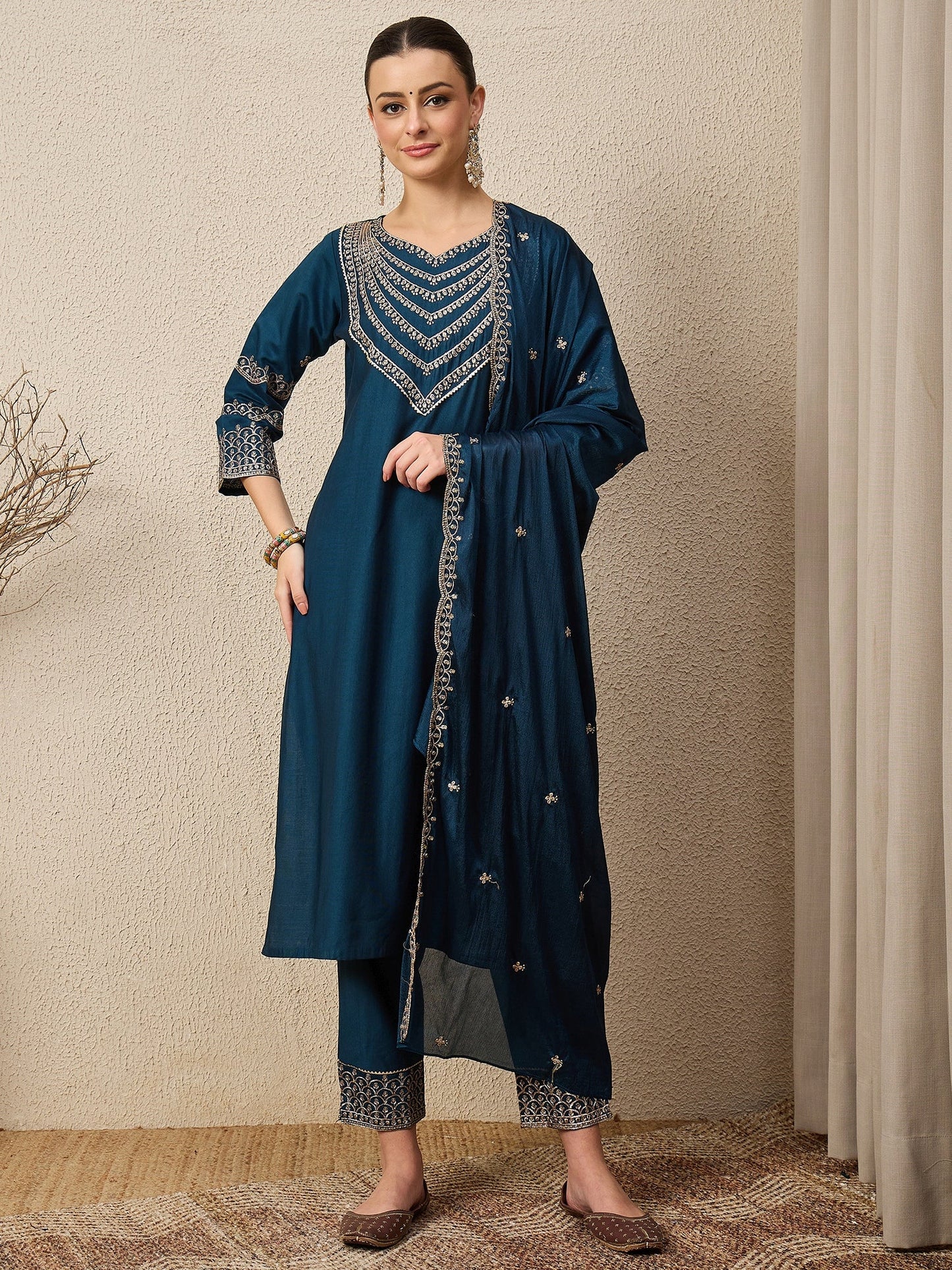 Kamya Teal Ethnic Motifs Embroidered Straight Kurta with Trousers & Dupatta - FitVibe Fashion