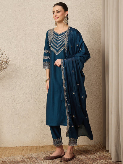 Kamya Teal Ethnic Motifs Embroidered Straight Kurta with Trousers & Dupatta - FitVibe Fashion