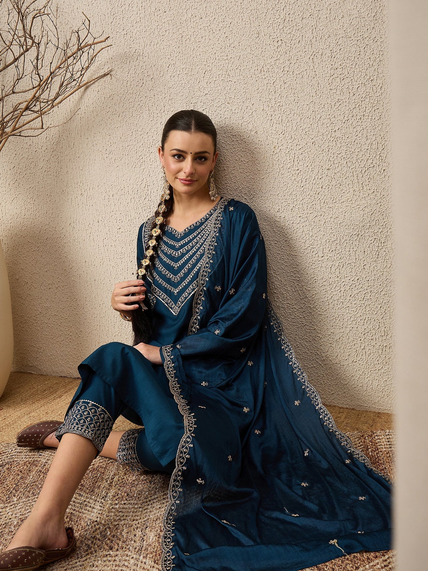 Kamya Teal Ethnic Motifs Embroidered Straight Kurta with Trousers & Dupatta - FitVibe Fashion