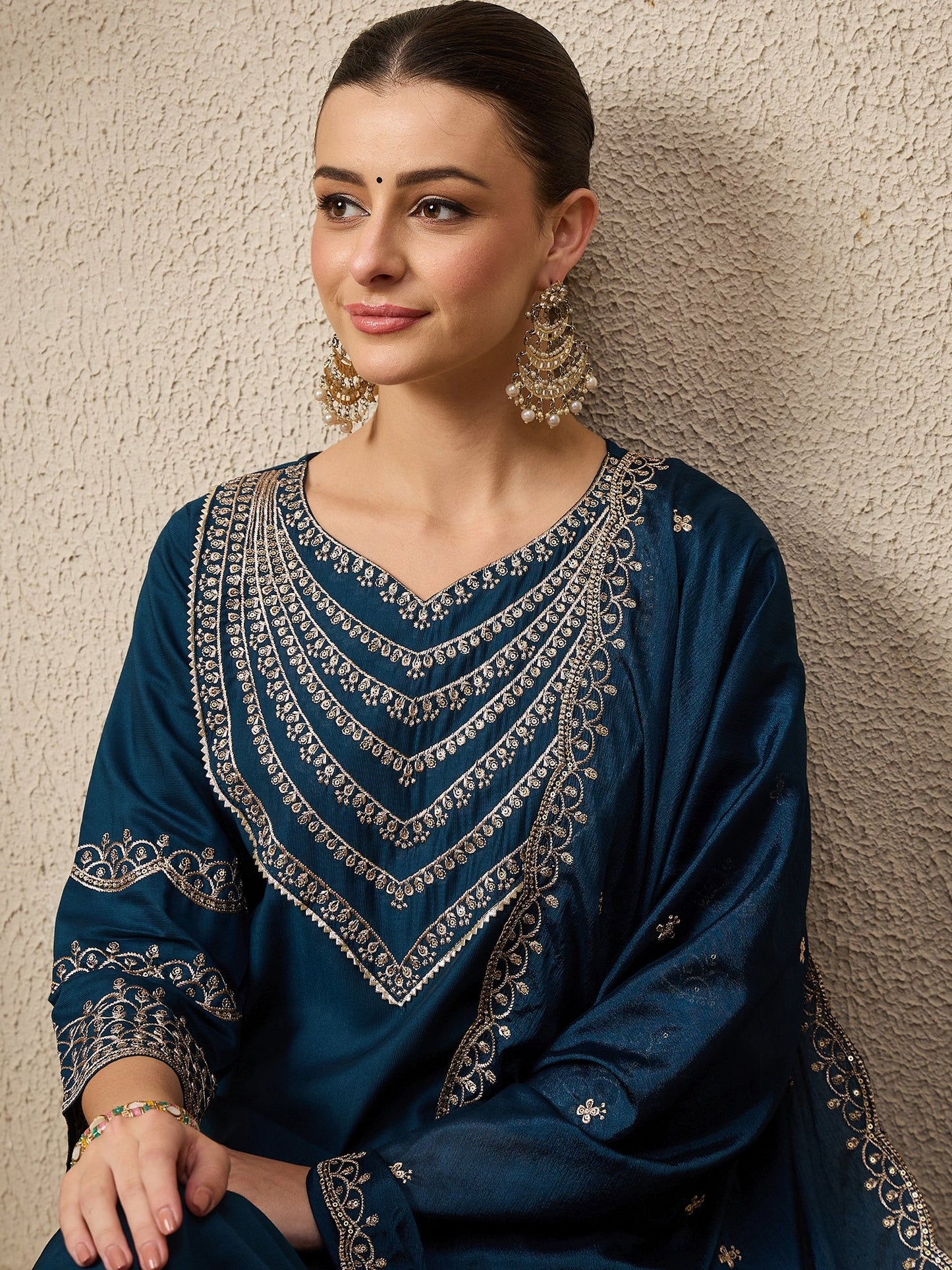 Kamya Teal Ethnic Motifs Embroidered Straight Kurta with Trousers & Dupatta - FitVibe Fashion