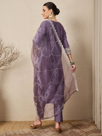 Saanjh Mauve Silk Blend Calf Length Embroidered Straight Suit Set - FitVibe Fashion