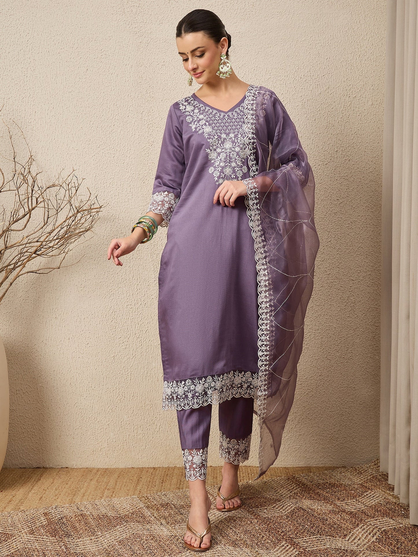 Saanjh Mauve Silk Blend Calf Length Embroidered Straight Suit Set - FitVibe Fashion