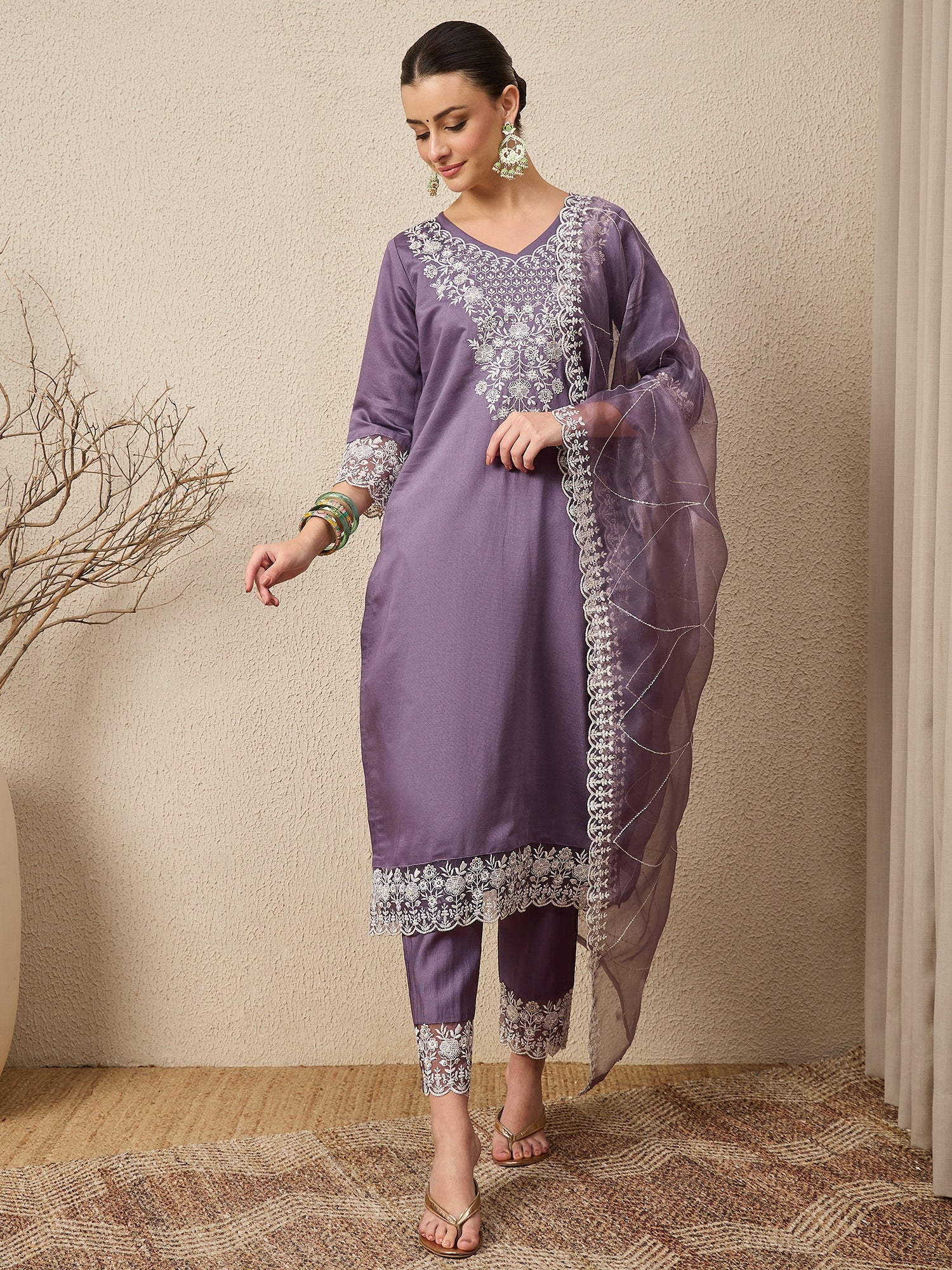 Saanjh Mauve Silk Blend Calf Length Embroidered Straight Suit Set - FitVibe Fashion