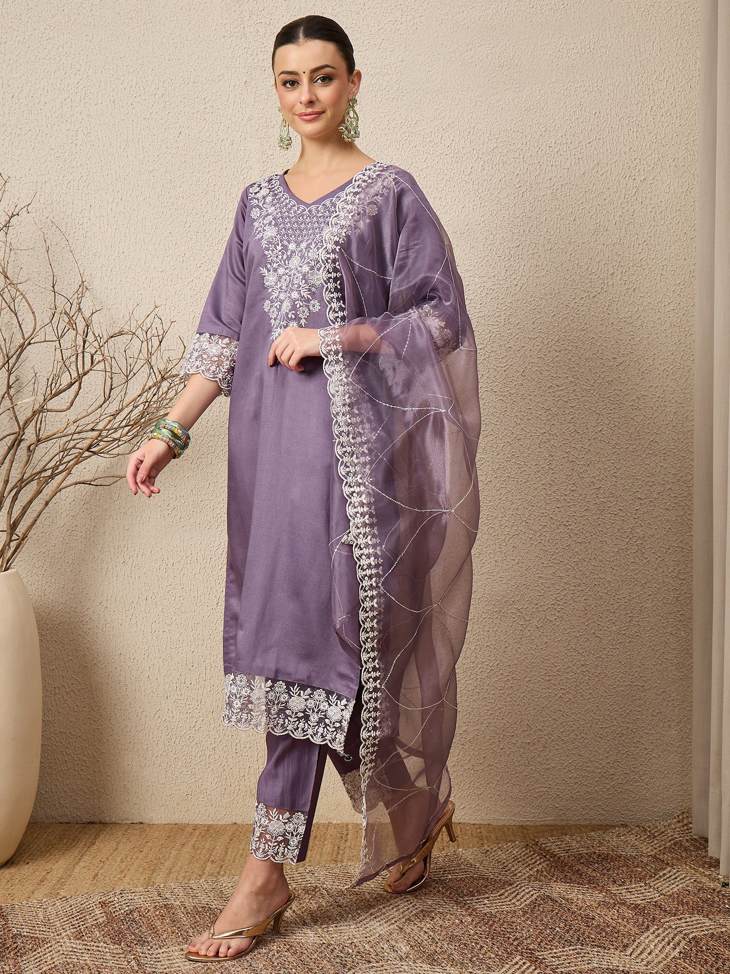 Saanjh Mauve Silk Blend Calf Length Embroidered Straight Suit Set - FitVibe Fashion