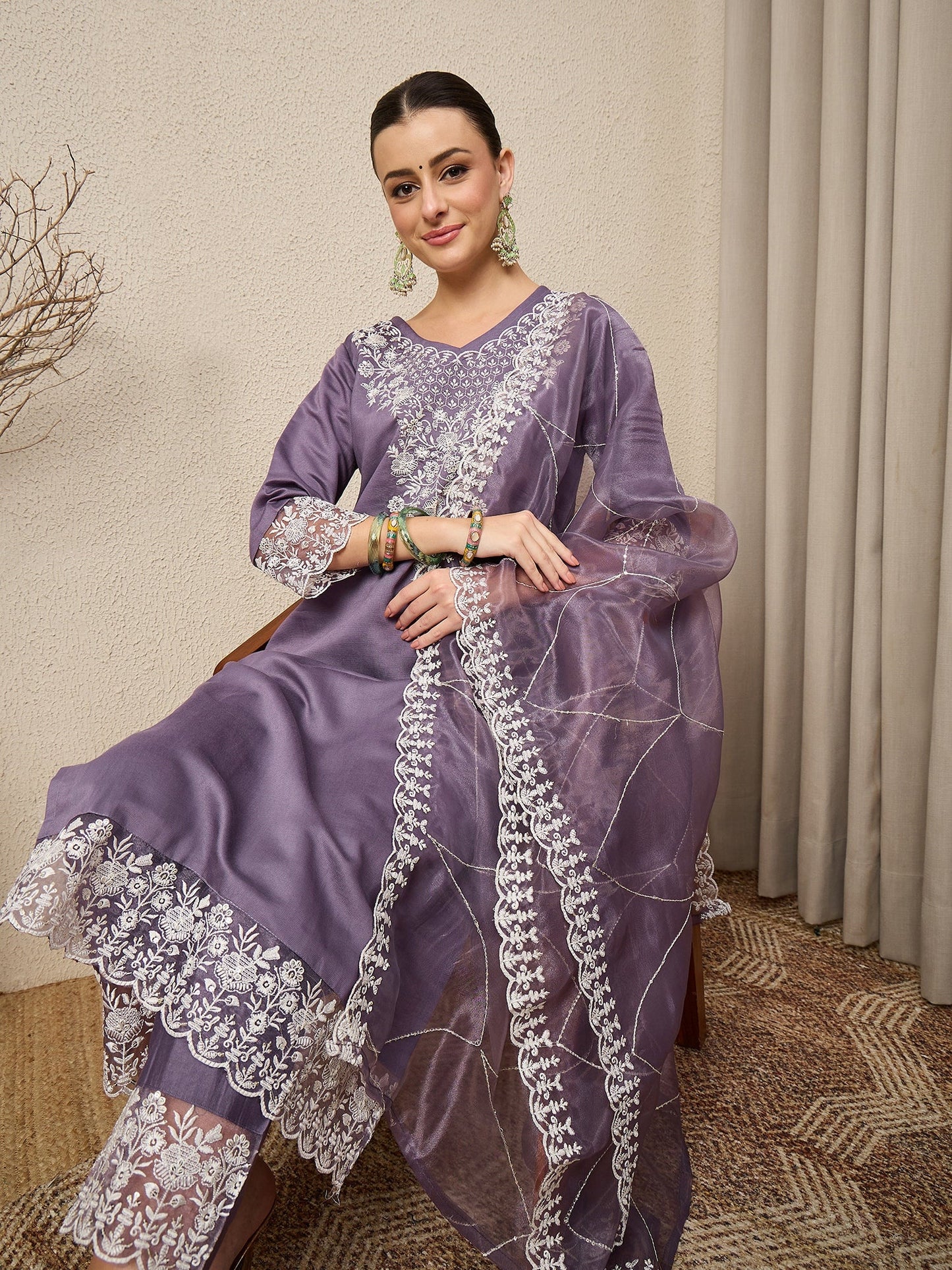 Saanjh Mauve Silk Blend Calf Length Embroidered Straight Suit Set - FitVibe Fashion