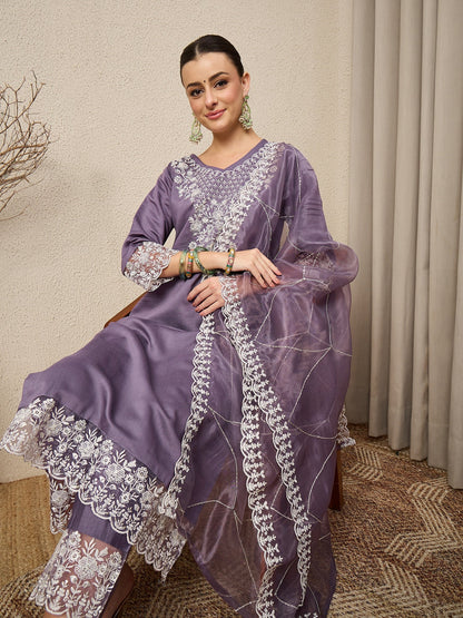 Saanjh Mauve Silk Blend Calf Length Embroidered Straight Suit Set - FitVibe Fashion