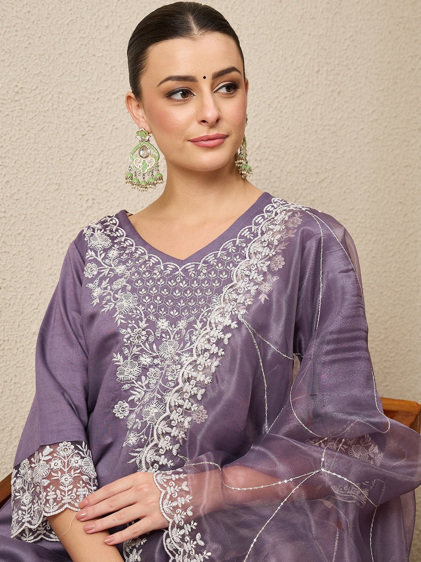 Saanjh Mauve Silk Blend Calf Length Embroidered Straight Suit Set - FitVibe Fashion