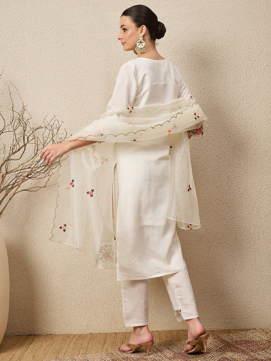 Rajvadi White Women's Embroidered Silk Blend Calf Length Straight Kurta Trouser with Dupatta Set - FitVibe Fashion
