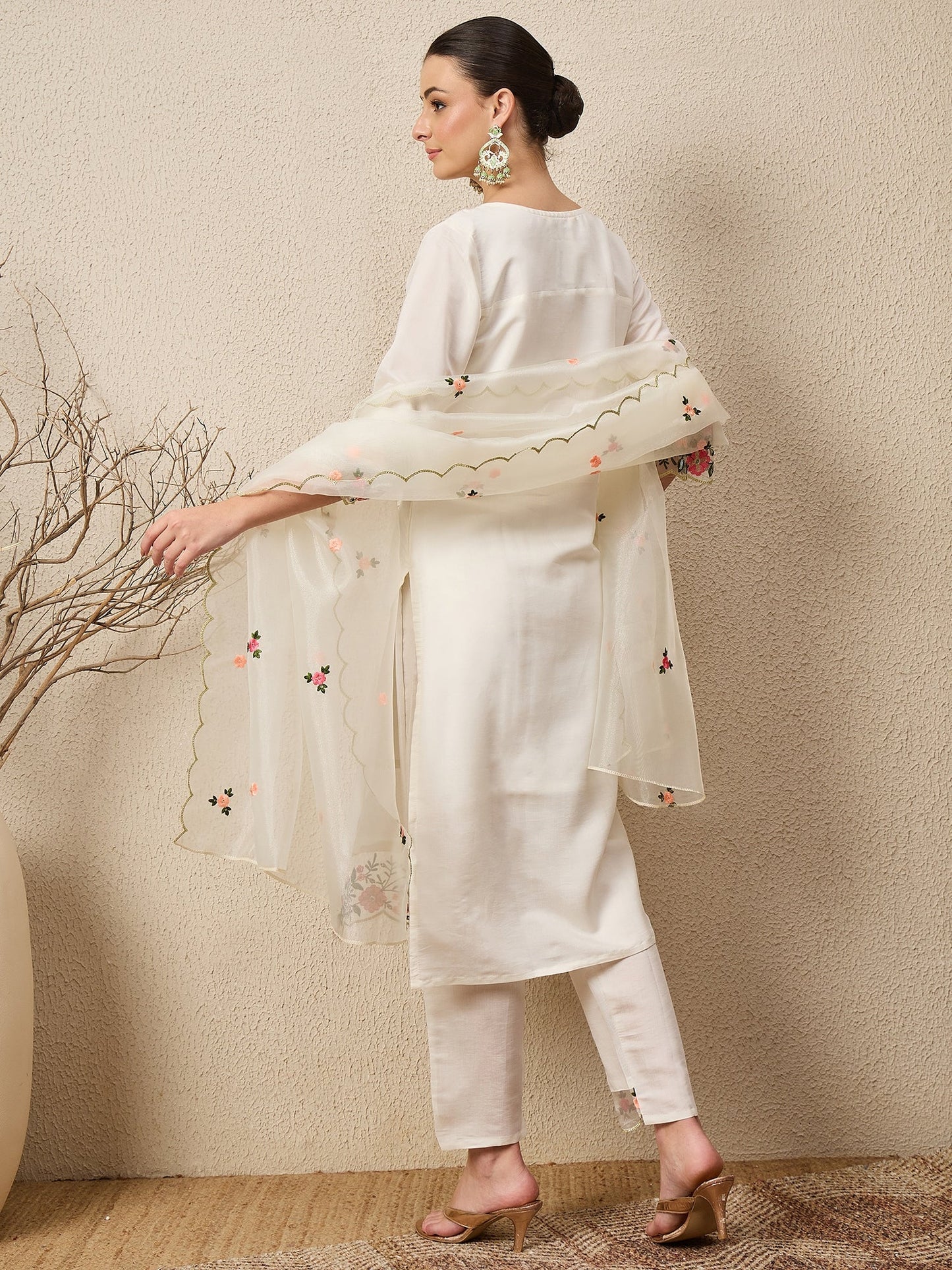 Rajvadi White Women's Embroidered Silk Blend Calf Length Straight Kurta Trouser with Dupatta Set - FitVibe Fashion