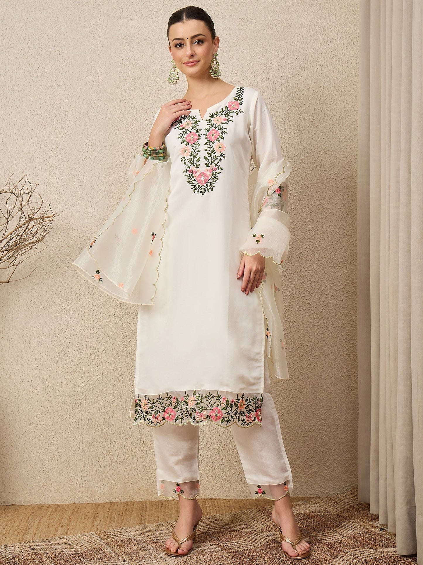 Rajvadi White Women's Embroidered Silk Blend Calf Length Straight Kurta Trouser with Dupatta Set - FitVibe Fashion