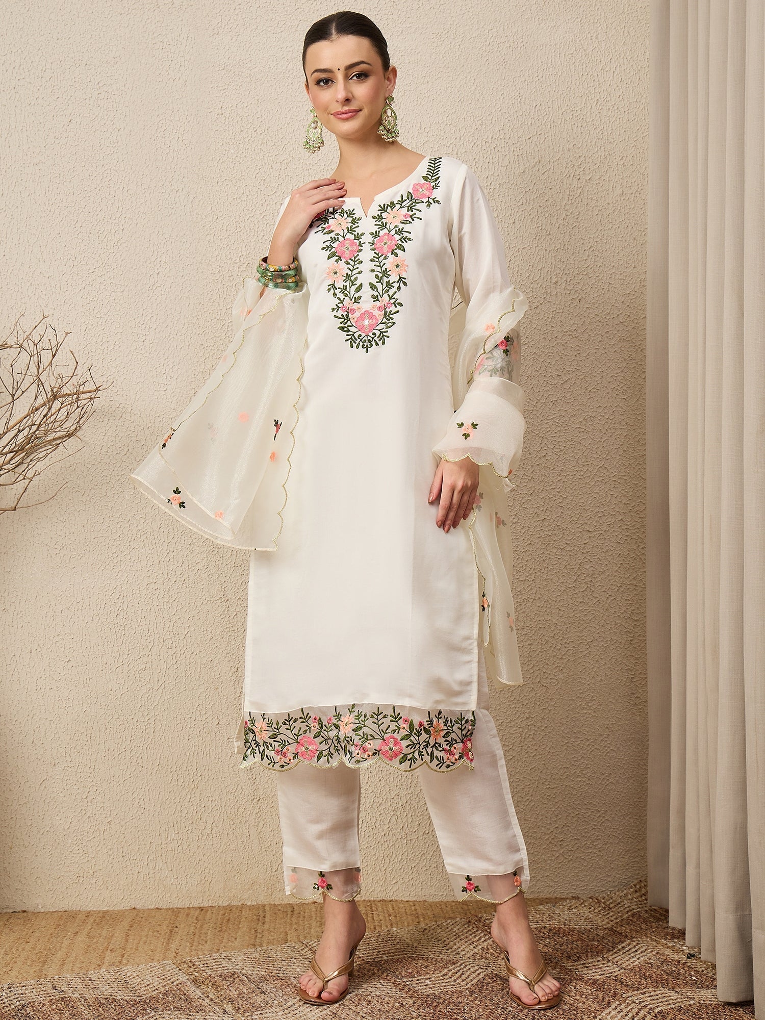 Rajvadi White Women's Embroidered Silk Blend Calf Length Straight Kurta Trouser with Dupatta Set - FitVibe Fashion