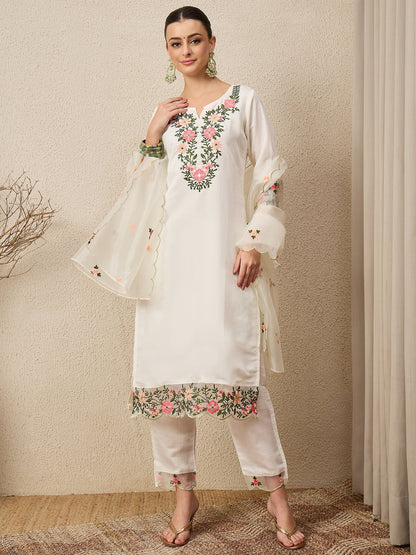 Rajvadi White Women's Embroidered Silk Blend Calf Length Straight Kurta Trouser with Dupatta Set - FitVibe Fashion