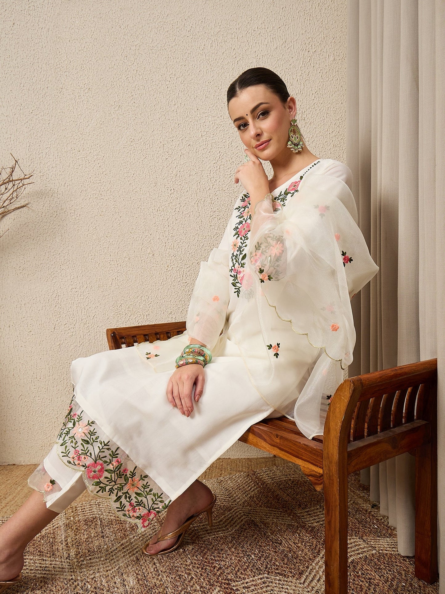 Rajvadi White Women's Embroidered Silk Blend Calf Length Straight Kurta Trouser with Dupatta Set - FitVibe Fashion