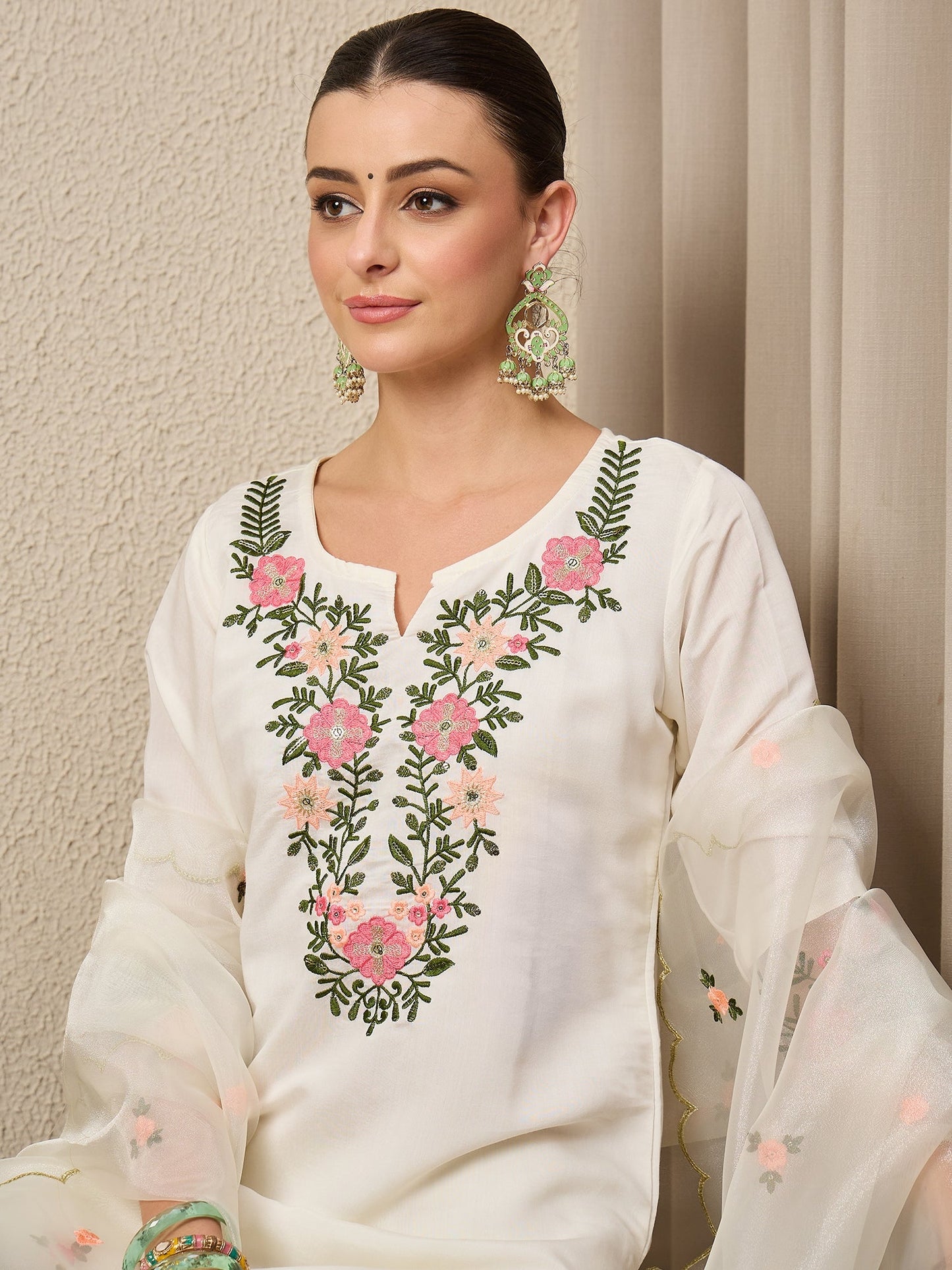 Rajvadi White Women's Embroidered Silk Blend Calf Length Straight Kurta Trouser with Dupatta Set - FitVibe Fashion