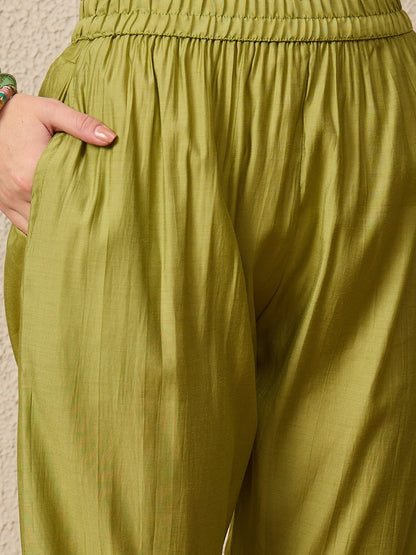 Nayika Mehndi Women Silk Blend Kurta and Trousers Pant Set - FitVibe Fashion