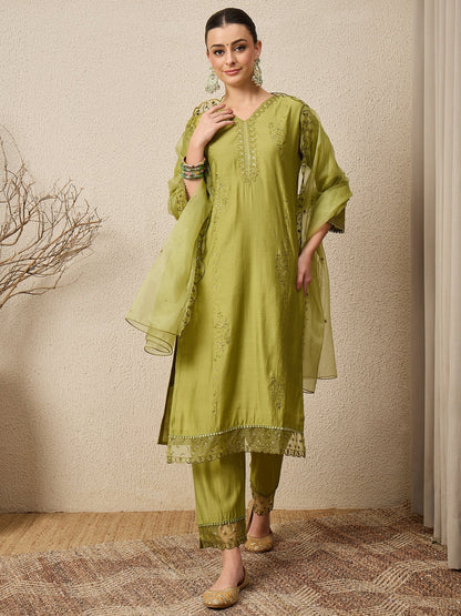 Nayika Mehndi Women Silk Blend Kurta and Trousers Pant Set - FitVibe Fashion