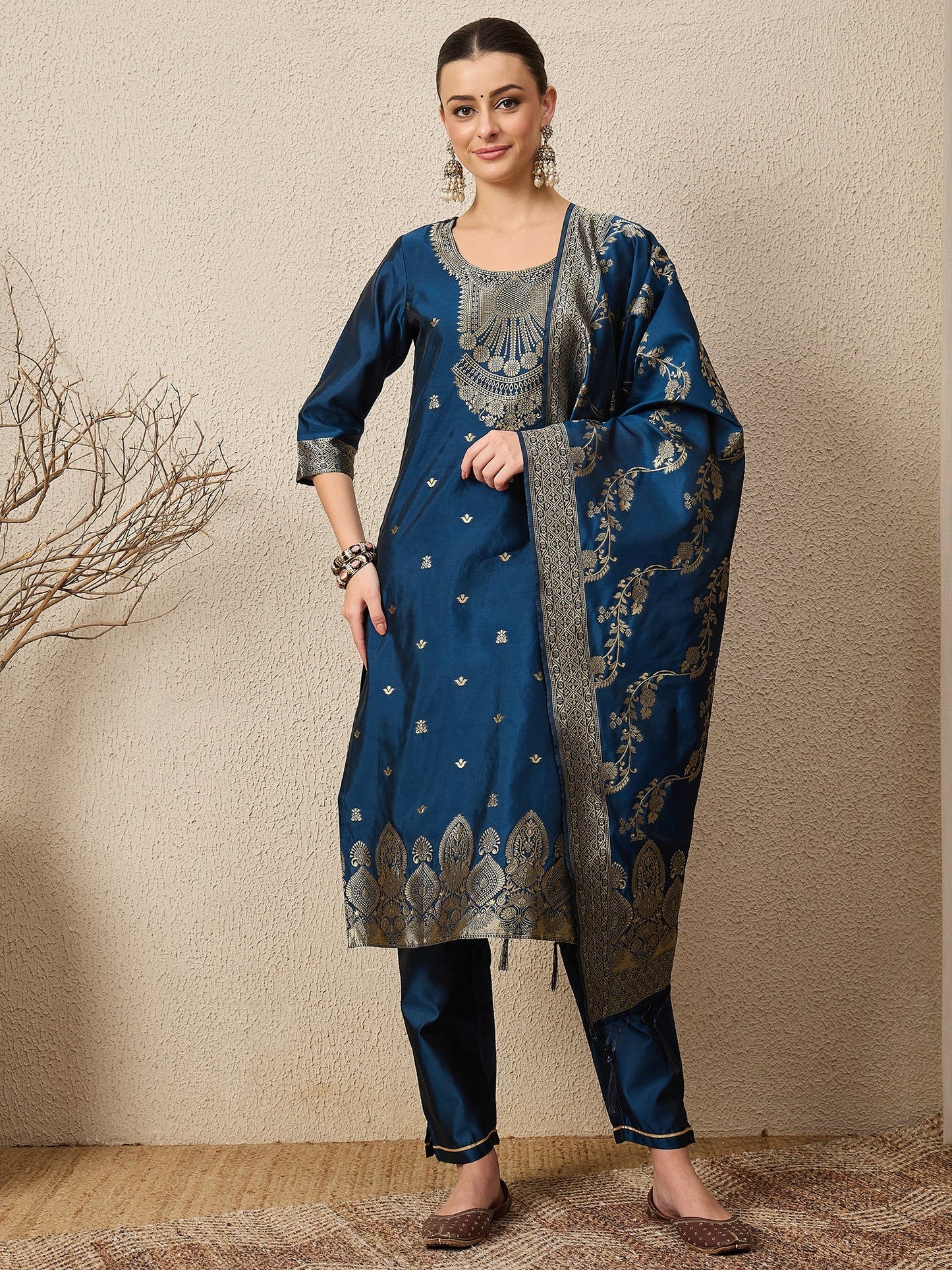 Malika Premium Kurta Set with Bottom and Dupatta Zari Work Comfortable Stylish - FitVibe Fashion