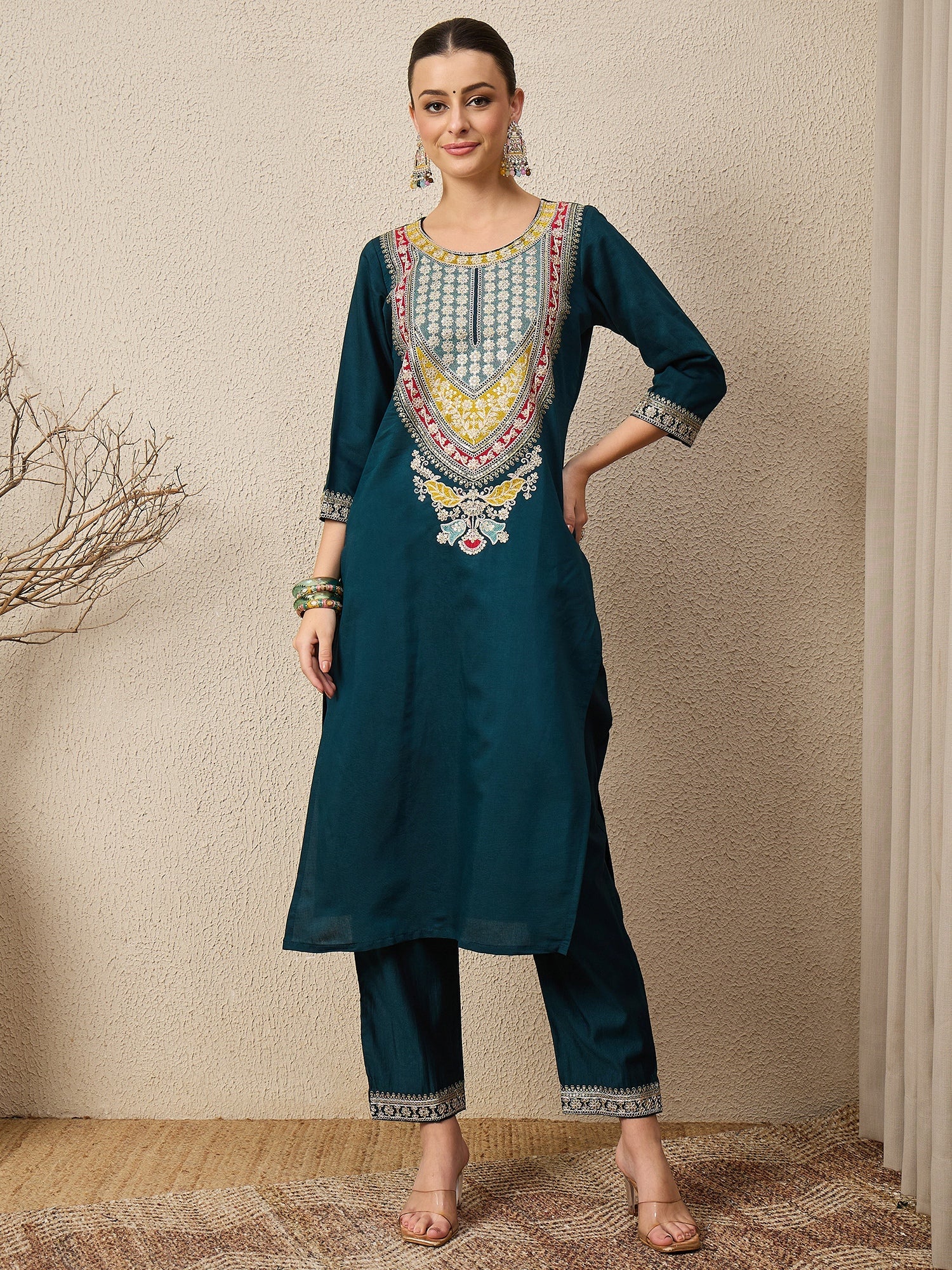 Tanirika Women's Embroidered Viscose Rayon Calf Length Straight Kurta Trouser with Dupatta Set - FitVibe Fashion