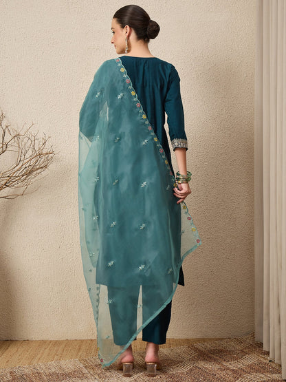 Tanirika Women's Embroidered Viscose Rayon Calf Length Straight Kurta Trouser with Dupatta Set - FitVibe Fashion