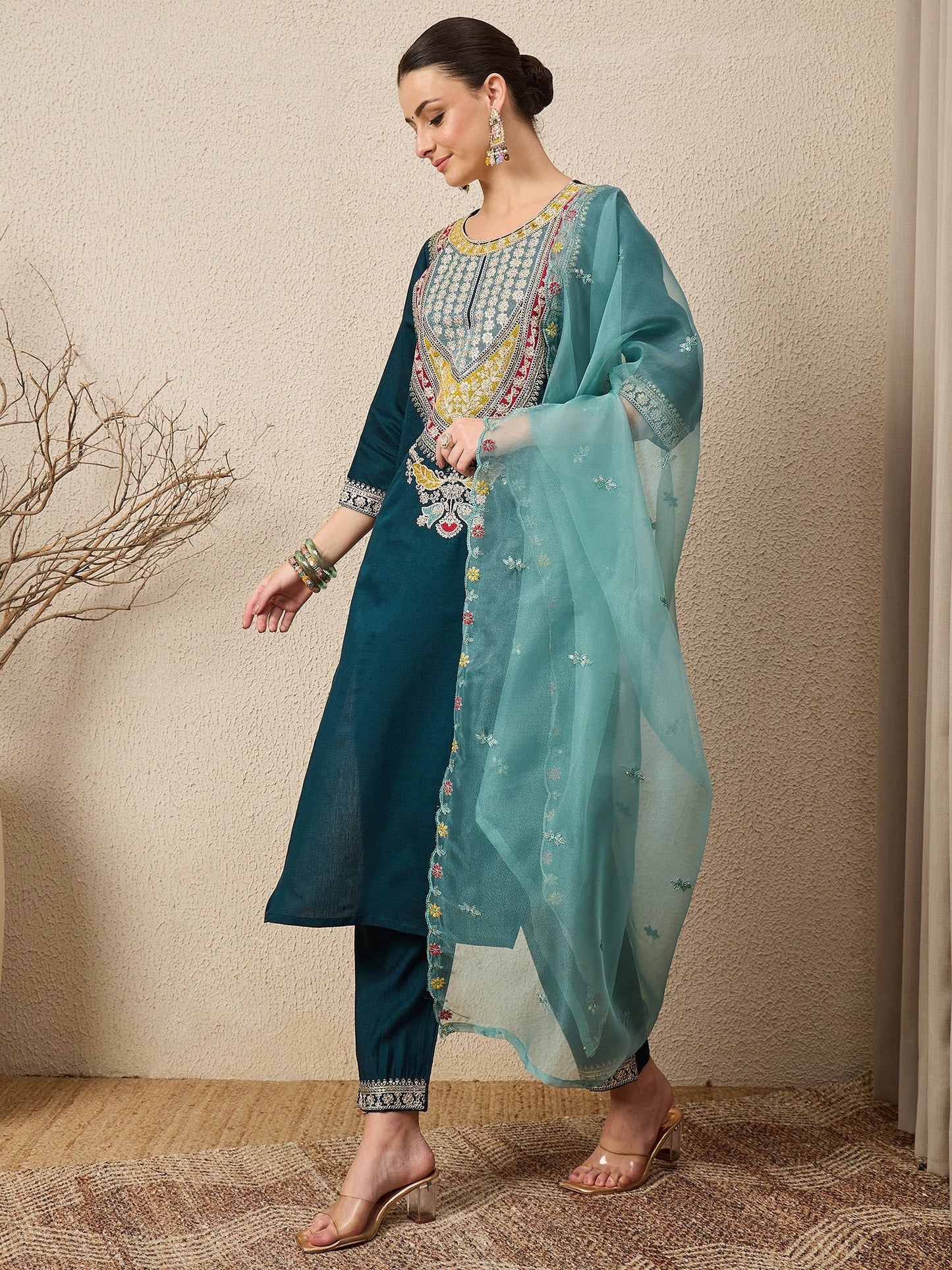 Tanirika Women's Embroidered Viscose Rayon Calf Length Straight Kurta Trouser with Dupatta Set - FitVibe Fashion