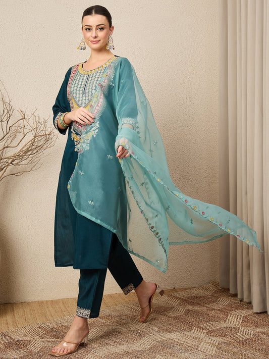 Tanirika Women's Embroidered Viscose Rayon Calf Length Straight Kurta Trouser with Dupatta Set - FitVibe Fashion