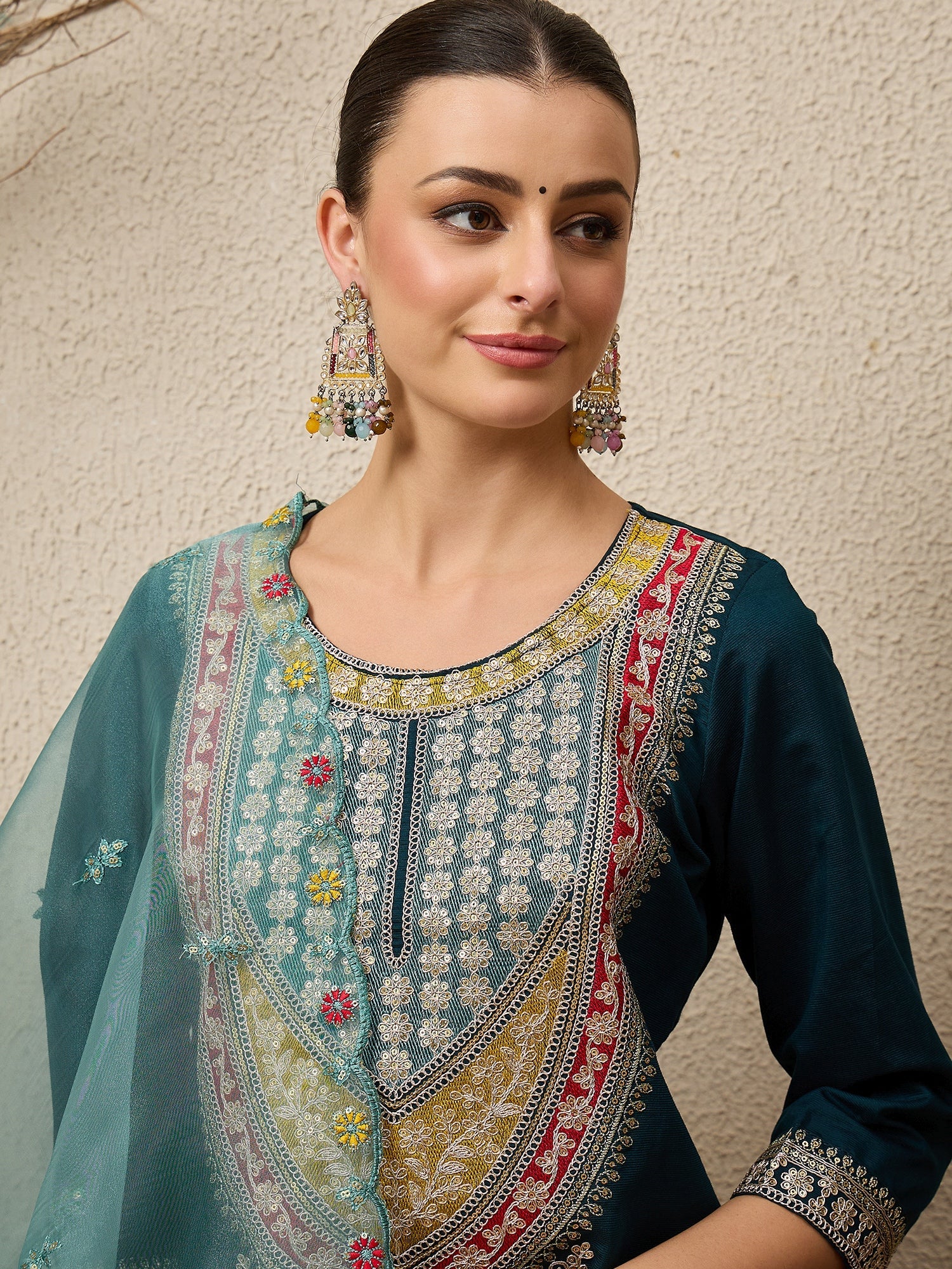 Tanirika Women's Embroidered Viscose Rayon Calf Length Straight Kurta Trouser with Dupatta Set - FitVibe Fashion