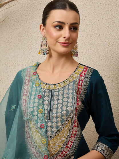 Tanirika Women's Embroidered Viscose Rayon Calf Length Straight Kurta Trouser with Dupatta Set - FitVibe Fashion