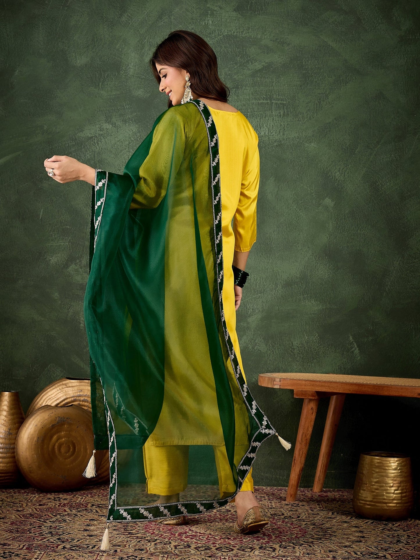 Saumya Women's Embroidered Silk Blend Calf Length Straight Kurta Trouser with Dupatta Set - FitVibe Fashion