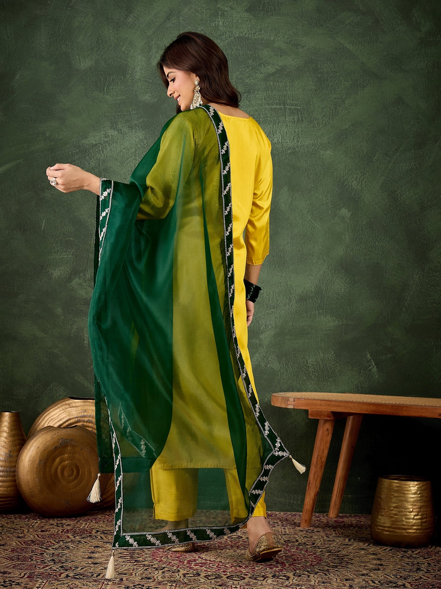 Saumya Women's Embroidered Silk Blend Calf Length Straight Kurta Trouser with Dupatta Set - FitVibe Fashion