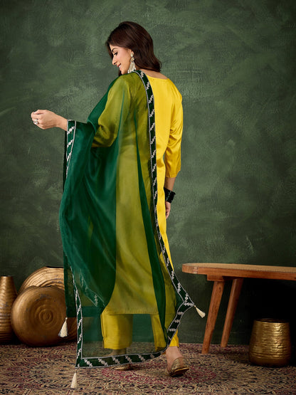 Saumya Women's Embroidered Silk Blend Calf Length Straight Kurta Trouser with Dupatta Set - FitVibe Fashion