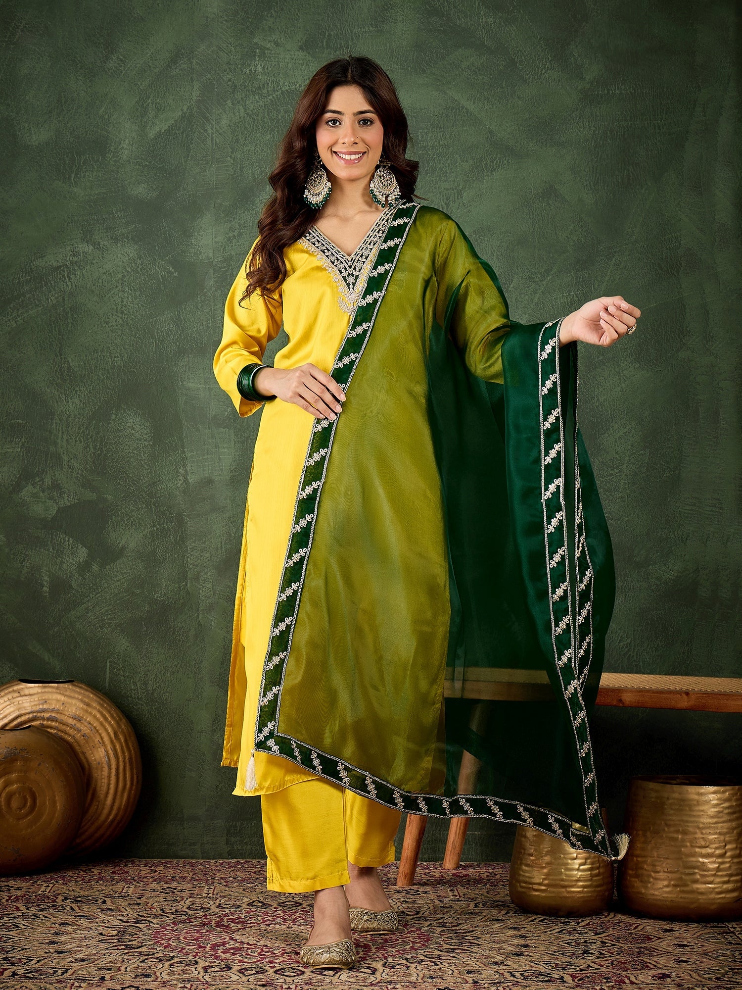 Saumya Women's Embroidered Silk Blend Calf Length Straight Kurta Trouser with Dupatta Set - FitVibe Fashion