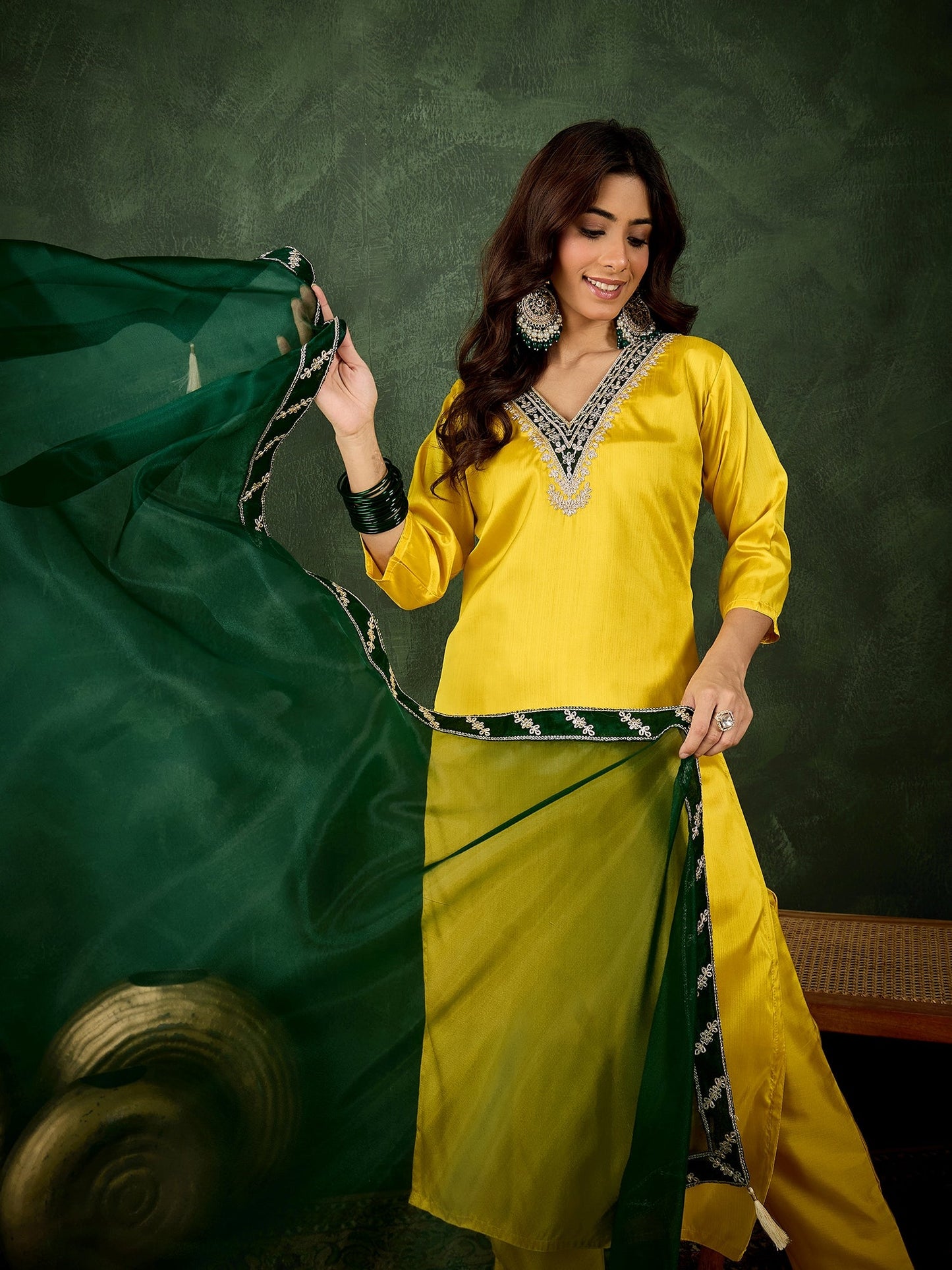 Saumya Women's Embroidered Silk Blend Calf Length Straight Kurta Trouser with Dupatta Set - FitVibe Fashion