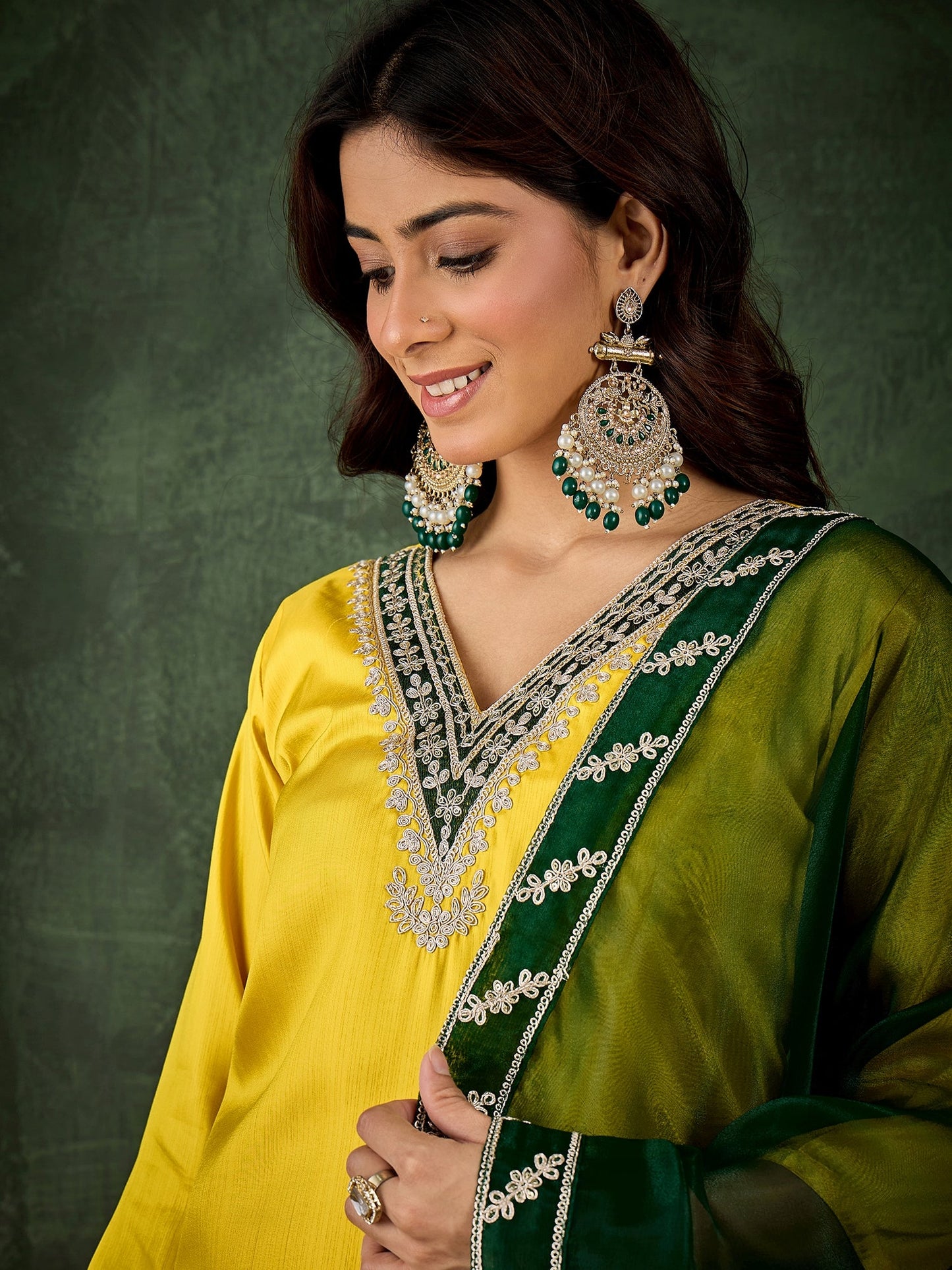 Saumya Women's Embroidered Silk Blend Calf Length Straight Kurta Trouser with Dupatta Set - FitVibe Fashion